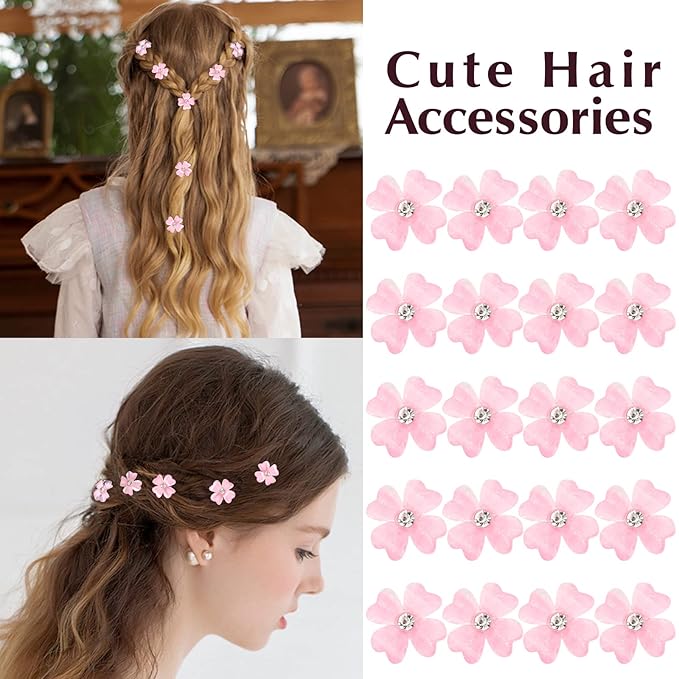 YISSION 20Pcs Mini Pink Flower Hair Clips with Rhinestone Cute Hair Pins Decorative Hair Clips Wedding Hair Barrettes Bridal Hair Accessories for Girls Women