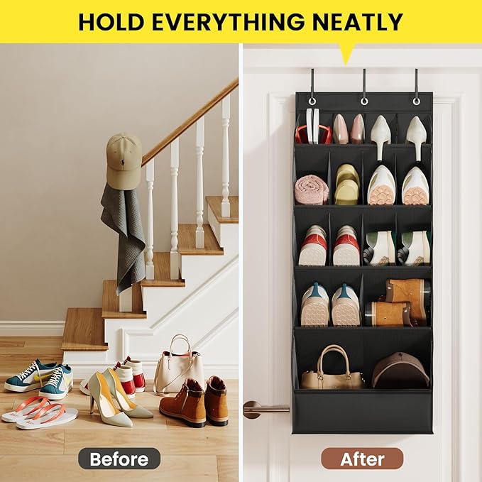 Mefirt Over the Door Shoe Rack with Large Deep Pockets, Door Shoes Organizer for Closet, Hanging Boots Shoe Rack, Behind the Door Narrow Shoe Holder, Multiple Pockets for Flexible Storage, Black ﻿