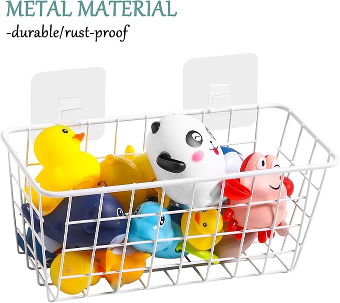 Metal Bath Toy Holder, Hanging Bathtub Toy Storage, Wall Mounted Bath Tub Baby Toys Organizer, Iron Shower Caddy For Bathroom, White, 2 Pack