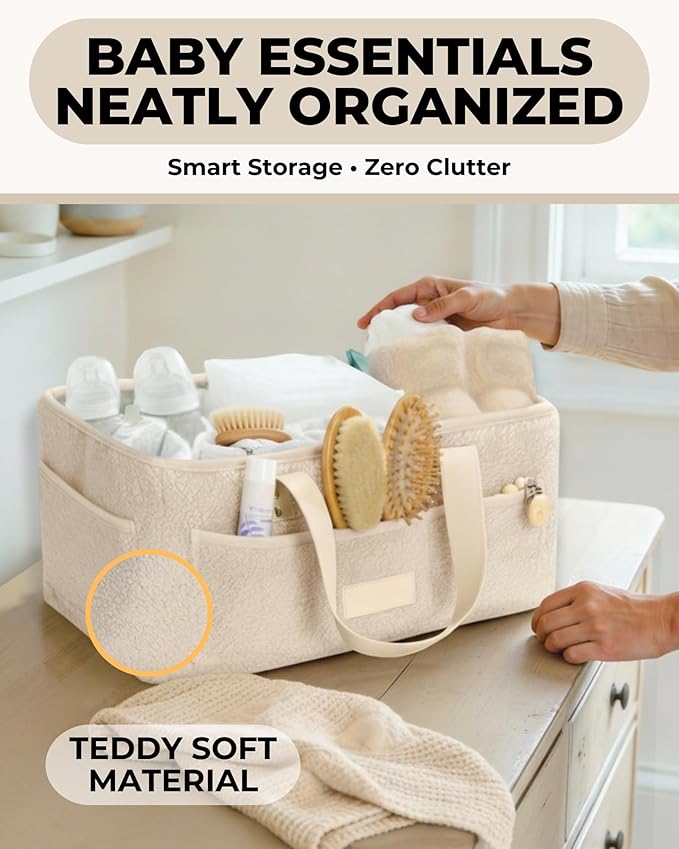 Toodly Baby Diaper Caddy Organizer with Portable Changing Mat - Teddy Fleece Diaper Organizer for Changing Table - Basket for Changing Essentials - Baby Essentials Organizer with Removable Dividers