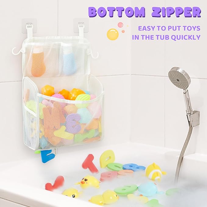 Goowin Bath Toy Storage Holder, Large Openings Bath Toy Organizer, Large Capacity Mesh Bathtub Toy Storage, Multi Use Bath Tub Toy Holder for Bathroom (White)