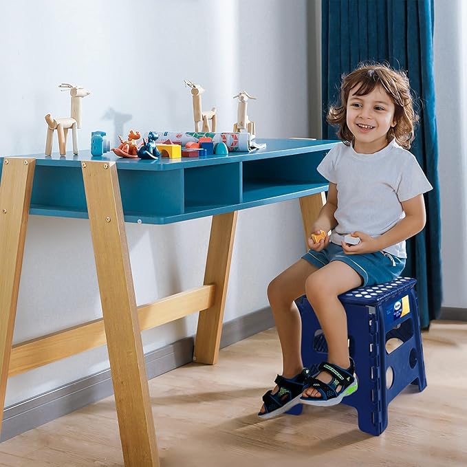 Korpai 13" Folding Step Stool for Adults and Kids Holds Up to 300 lbs,Non-Slip Folding Stools with Portable Handle, Compact Plastic Foldable Step Stool for Bathroom,Bedroom, Kitchen,Royal Blue,1PC