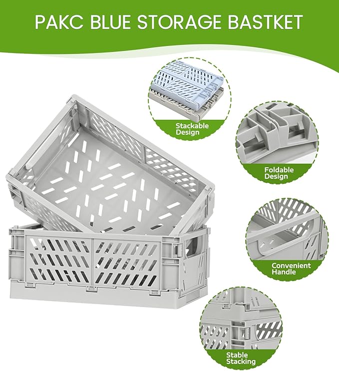 HUUSMOT 2-Pack Small Pastel Plastic Storage Baskets, Collapsible Crates for Organizing, Space-Saving Mini Bins for Classroom, Kitchen, Office, Bedroom (Grey, 9.8" x 6.5" x 3.8")