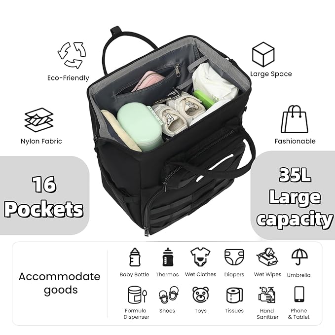 ROSEGIN Diaper Bag Backpack for Dad and Men, Large Travel Baby Bag with Changing Pad, Pacifier Case, Removable Flag Patch - Baby Shower Gifts - Shadow Black