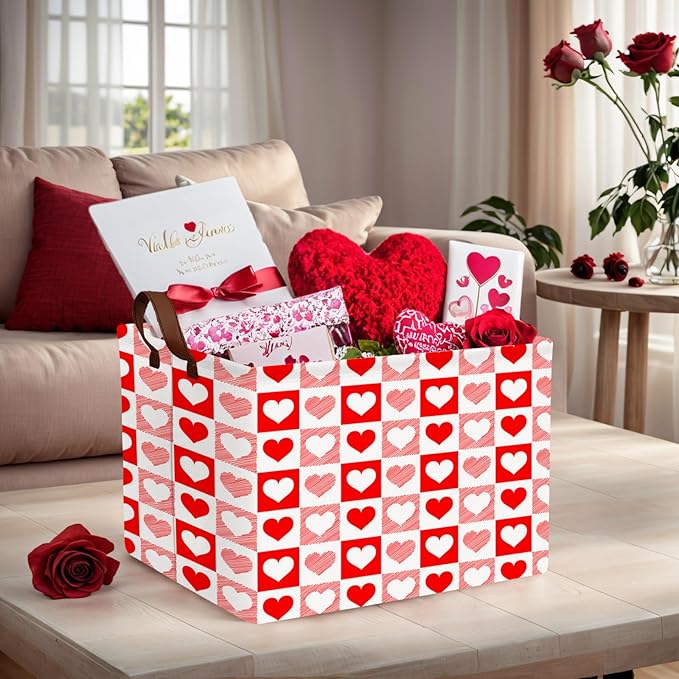 ASKETAM Valentine's Day Basket for Gifts Empty Cute Heart Large Gift Basket Decorative Storage Bin for Kid and Baby Room Décor (Red Checkered Heart)