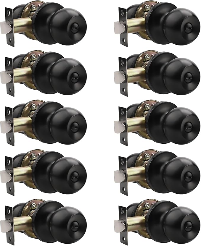 Knobonly 10 Pack Privacy Door Knobs Matte Black, Keyless Door Knobs Interior for Bedroom and Bathroom, Round Door Handles Stainless Steel, Classic Design