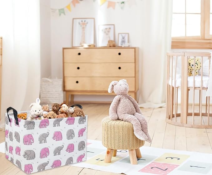 TIBAOLOVER Elephant Baby Storage Bin Pink Elephant Decor for Girls Room Toy Shelf Gift Basket (Rectangular Shape, Handles for Easy Carry)