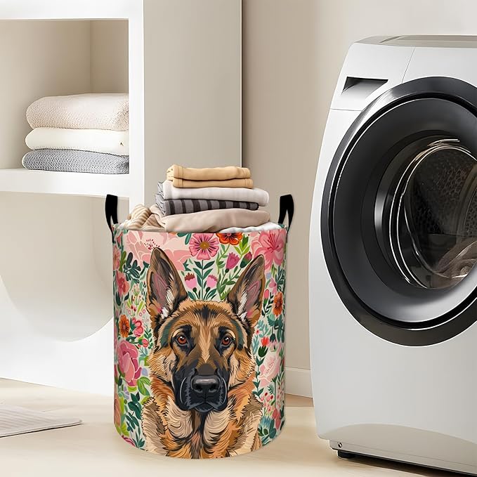 Noble German Shepherd with Floral Laundry Basket with Handles, 19.7"x15.7" Clothes Foldable Laundry Hamper Organizer for Dorm Nursery Bedroom Bathroom Decor, Toy Storage Bin for Kids