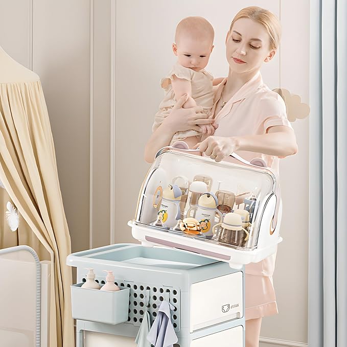 QDTTSRY Baby Bottle Drying Rack Storage, Nursing Bottle Storage Box Organizer with Cover, Portable Kitchen Cabinet Organizer, Durable countertop Dryer (Orange)