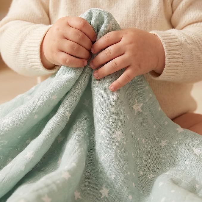 4-Pack Muslin Swaddle Blankets for Newborns | 100% Cotton Breathable Soft, Large 31.5"x43.3" | Multi-Use Stroller Sunshade Nursing Cover & Receiving Blanket, Blue Dinosaur
