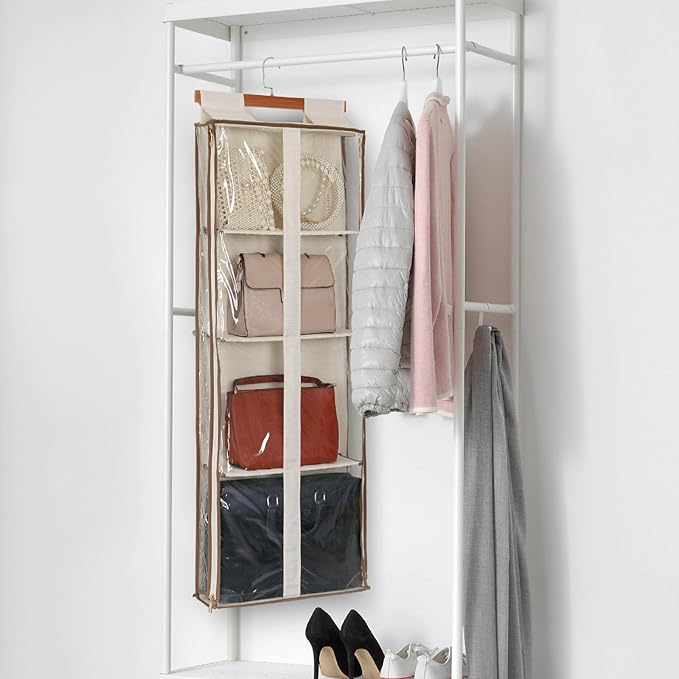 JINOKADI Clear Hanging Handbag Storage Organizer with Zippers, Easy Access Purse,Toy,Yarn,Hat Storage Over The Door Purse Organizer Space Saving 4 Pockets for Closet Bedroom Living Room (Beige)