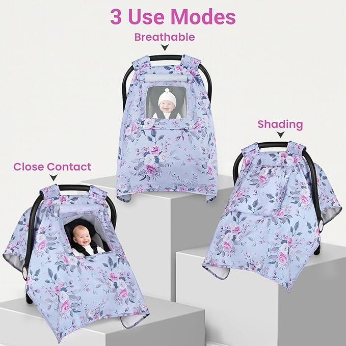 Car Seat Cover Baby, Carseat Covers Baby with 2 Layers Breathable Windows, Windproof Infant Car Seat Cover, Kick-Proof Baby Carrier Cover for Baby Girl Newborn Essentials