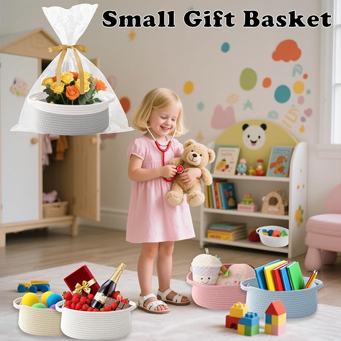 3 Pack Small Woven Rope Basket-Empty Gifts Basket with Bag and Ribbons,Cute Handle Organizer Box for Birthday/Baby Shower, Toy Storage, Nursery Organizing & Shelf Decor(White&Grey)