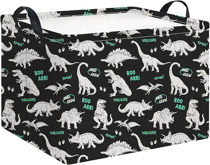 HKEC Rectangle Storage Basket with Handles,Collapsible Storage Bin,Books Box,Gift Basket(Green Word Dinosaur)