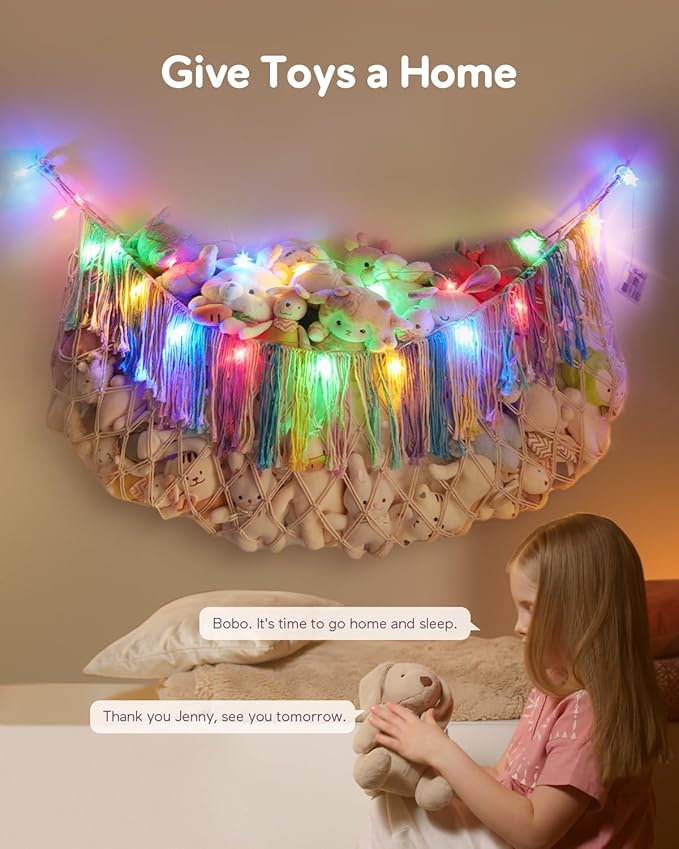 Boho Macrame Stuffed Animal Hammock with LED Lights – Large Wall Hanging Plushie Net, Corner Toy Organizer for Kids Bedroom, Nursery, Playroom & Dorm (Rainbow XXL)