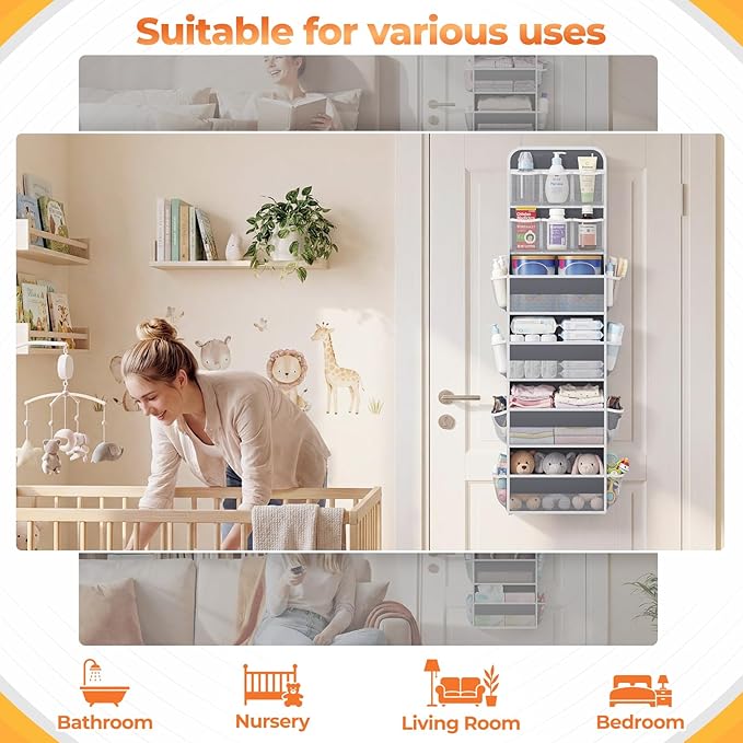 6-Tier Over The Door Organizer with Mesh Pockets, Baby Nursery Storage for Closet, Bathroom and Bedroom, Adjustable Hanging Closet Organizer for Cosmetics, Books and Essentials（Dark Grey）