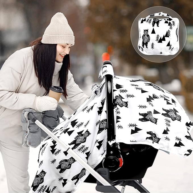 Baby Carseat Cover Boys, Newborn Car seat Canopy, Minky Cozy & Warm Cover, Winter Carrier Cover with Peep Windows, Soft & Breathable, Bear Stuff