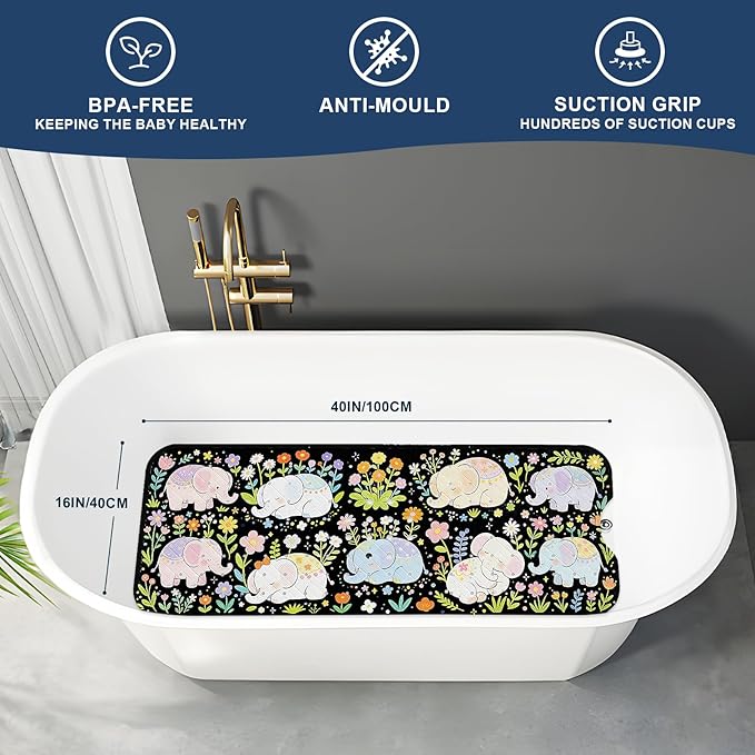 XIYUNTE Baby Bath Mat for Tub Non Slip Kids, BPA Free Extra Long Bathtub Mat 40x16 with Drain Holes and 200 Suction Cups, Non Toxic Machine Washable Toddler Bath Mat, Eco-Friendly Certified