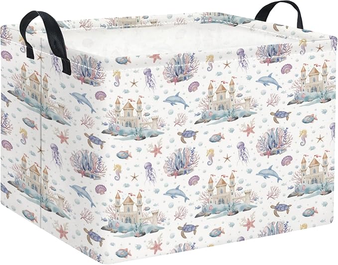 TIBAOLOVER Rectangular Kids Storage Basket Boys for Home Kitchen Girls Cute Storage Bin Organizer Shelf Book Room Decor(Sea Castle)