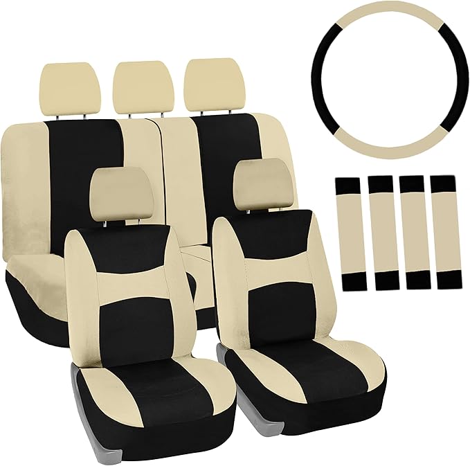 Automotive Seat Covers Beige Black Universal Fit Seat Cover Combo Set with Steering Wheel Cover and Seat Belt Pad (Airbag Compatible and Split Bench)