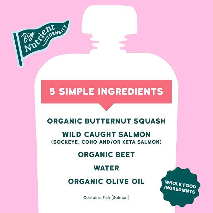 Serenity Kids 6+ Month Salmon Baby Food Pouches - No Added Sugar with Butternut Squash & Beet - BPA-Free Pouches for Infant Travel Essentials - 3.5 Oz, Pack of 12
