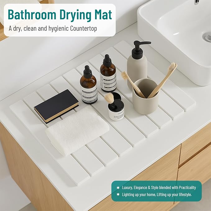 Stone Dish Drying Mat For Kitchen Counter Off-White 24"x16" – Quick Dry & Foldable Diatomaceous Earth Mat for Dish , Bottle , Cup , Tableware & Match Any Countertop.