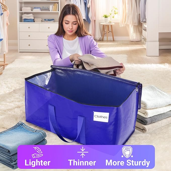 10Pack Moving Storage Bags, Moving Supplies Packing Boxes for Moving, Camping, College Dorm Room Essentials for Girls, Blue Tote Bags, 125L Heavy-Duty Storage Bins With Lids And Zippers