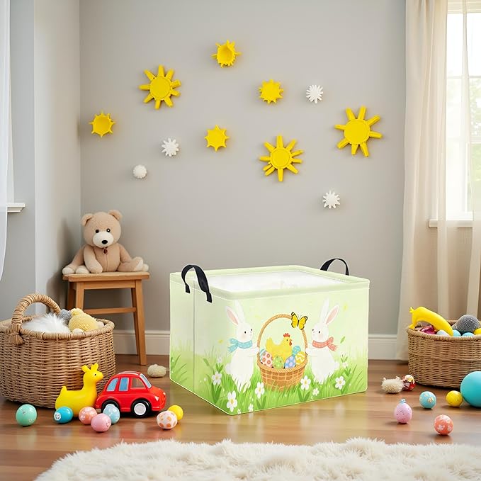 HIYAGON Rectangular Easter Basket for Kids Baby Easter Basket for Boys and Girls Cute Toy Storage Organizer Bin Box Room Decor(Easter Bunny)