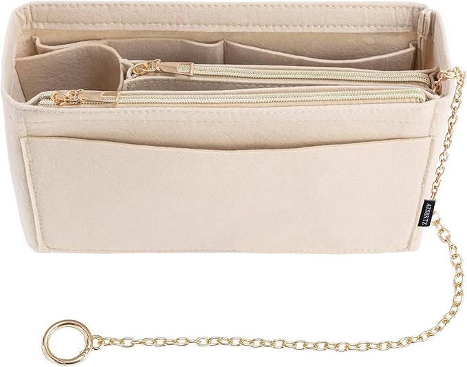 Purse Organizer Insert, Handbag Organizer with Zipper, Tote Shaper with Cup Holder & Keychain, Compatible with LV, Neverfull, MK, COACH, Longchamp, Kate Spade– Beige-Sl. Lg