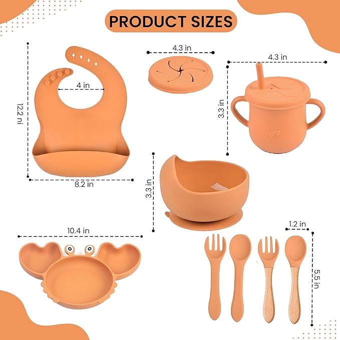 Silicone Baby Feeding & Weaning Set – Food-Grade Baby Led Weaning Supplies with Suction Plate, Bowl, Bib, Sippy Cup & Soft Spoon Fork – Dishwasher & Microwave Safe (Brown)
