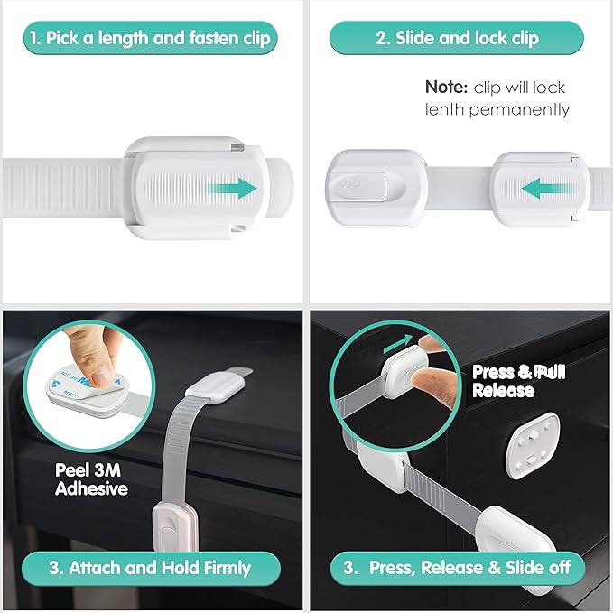 Baby Proof Cabinet Lock & Straps Latches Child Drawer Latches 3M Adhesives Adjustable Non Drilling Safety Cabinet Locks Straps Baby Drawer Locks for Kids Baby Multi-Function 12 Pack (White)