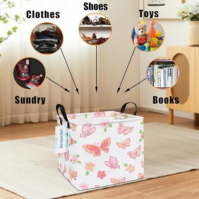 LANGYASHAN Square Storage Baskets Waterproof Canvas Children Laundry Nursery Hamper for Shelves Gift Baskets Toy Organizer Room Decor (Square Pink Butterfly)