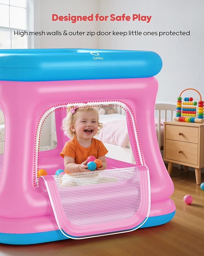 QPAU 3-in-1 Inflatable Bounce House for Toddlers 1-3, Ball Pit & Trampoline, Inflatable Bouncy House with Safety Net, Indoor & Outdoor Bubble Bouncer Baby Play Yard（Blue & Pink）