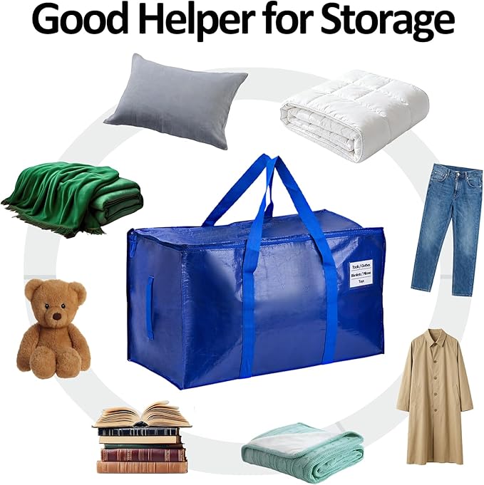 2-Pack Blue Extra Large Moving Bags, Heavy Duty Storage Bags with Lids, Reinforced Handles and Zippers, Organizing Bags for Dorm Packing, Clothes Storage, Toy, Camping, College Supplies