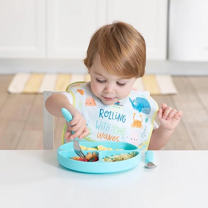 Bumkins Bibs for Girl or Boy, SuperBib Baby and Toddler 6-24 Months, Essential Must Have for Eating, Feeding, Baby Led Weaning Supplies, Mess Saving Catch Food, Waterproof Fabric 3-pk Blue Ocean Life