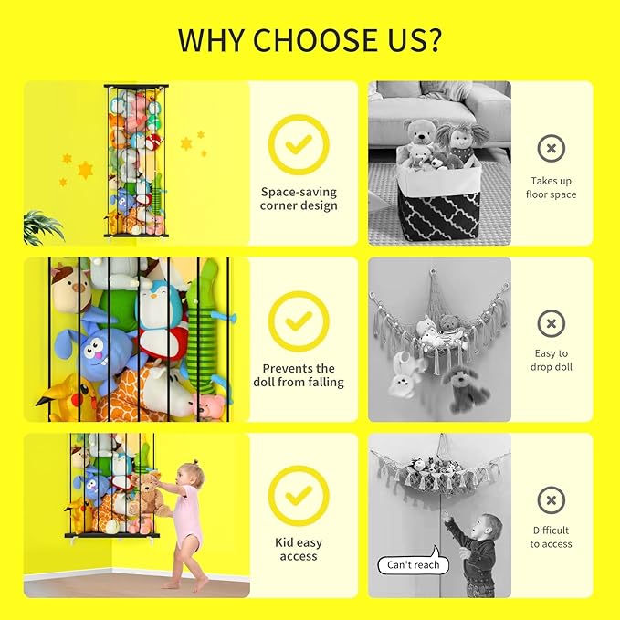 Stuffed Animal Storage Shelf Organizer(Patented) - Corner Stuffed Animal Holder Length Adjustable - Wall Plush Storage for Nursery Playroom Bedroom Kids Room (Space Black, Standard)