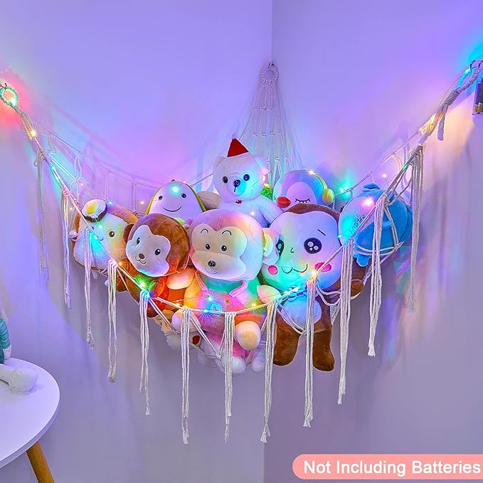 Basumee Stuffed Animals Net or Hammock with LED Light, Hanging Stuffed Animals Storage Toy Hammock Net Corner Wall Girls Room Decor Toy Storage Organizer, White, L