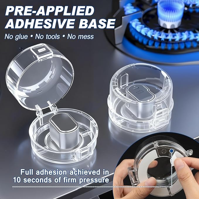6-Pack Stove Knob Safety Covers - Gas Oven Knob Locks for Diameter Under 2.7 inch, Heat Resistant & Adhesive Base (Clear)