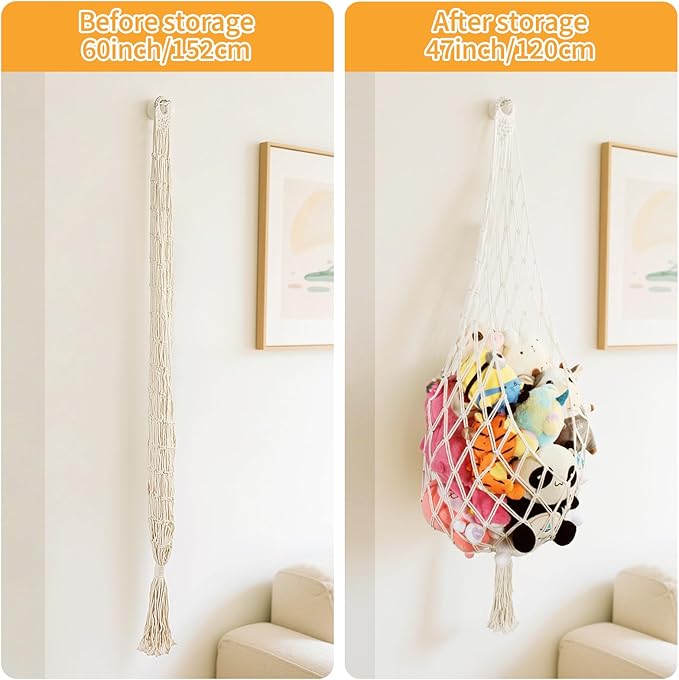 Stuffed Animal Storage, 5Ft Corner Hanging Stuffy Toy Hammock, Large Stuffed Animal Holder Organizer with Hooks, Macrame Plushie Net for Nursery Kids Playroom Bedroom Decoration (Cream)