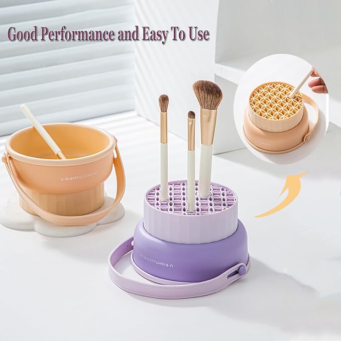 3 in 1 Brush Cleaning Mat with Brush Drying Holder, Silicone Makeup Brush Cleaner Mat Make Up Brush Cleaning Bowl Cosmetic Brush Washing Tool for Makeup Brush, Sponge, Powder Puff (Khaki)