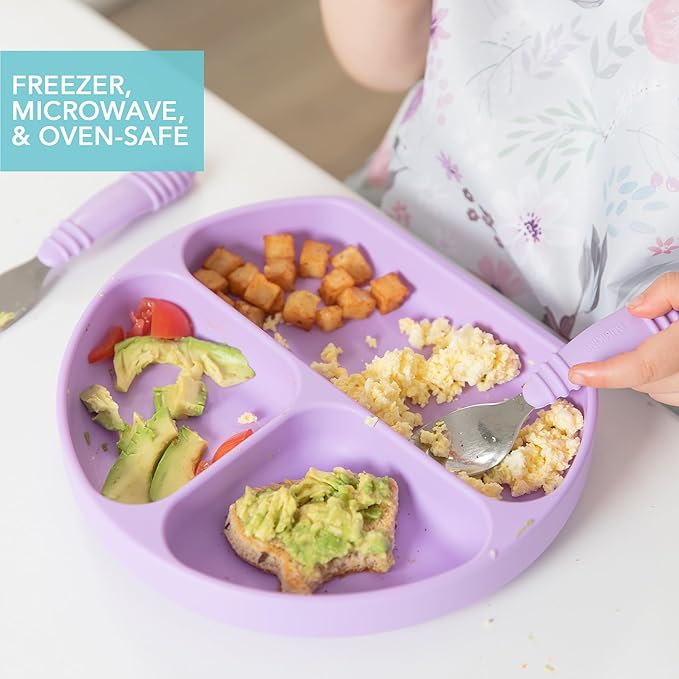 Bumkins Toddler and Baby Suction Plate, Silicone Divided Grip Dish, Babies and Kids, Baby Led Weaning, Children Feeding Supplies, Non Skid Sticky Bottom, Platinum Silicone, Ages 6 Months Up, Lavender