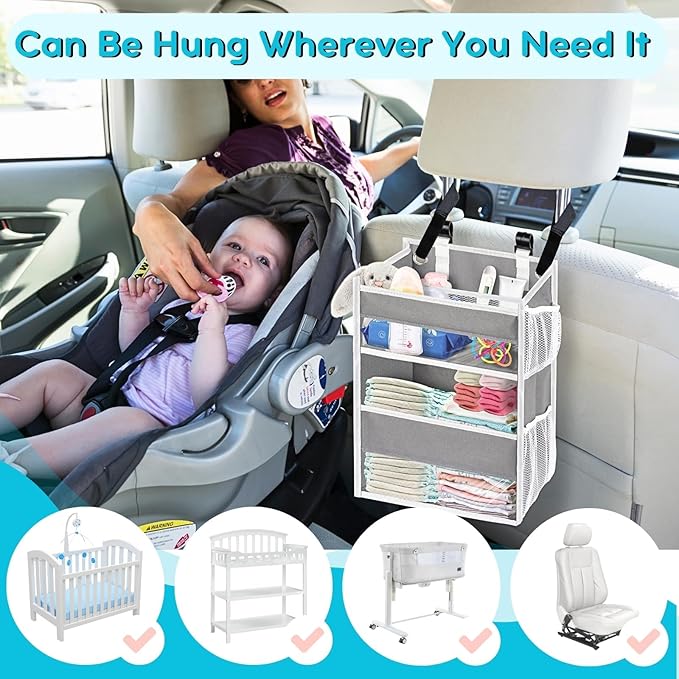 Ofiray-home Hanging Diaper Organizer for Changing Table,Cribs,Car,Playard or Wall & Nursery Organization-Durable 2-Tier Diaper Organizer with Mesh Pockets and Viewable Design, Won't Deform, Light Gray