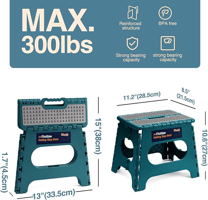 Flottian 11" Folding Step Stool for Adults and Kids Holds Up to 300 lbs,Non-Slip Folding Stools with Portable Handle, Compact Plastic Foldable Step Stool for Bedroom, Kitchen Turquoise Green,1PC