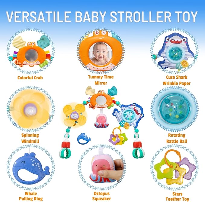 Adjustable Baby Stroller Arch Toy, Car Seat Toys for Infants 6-12 Months Bassinet Hanging Toy Bar Attachment with Mirror & Sound, Crib Comfort Gift for Birthday, Baby Shower