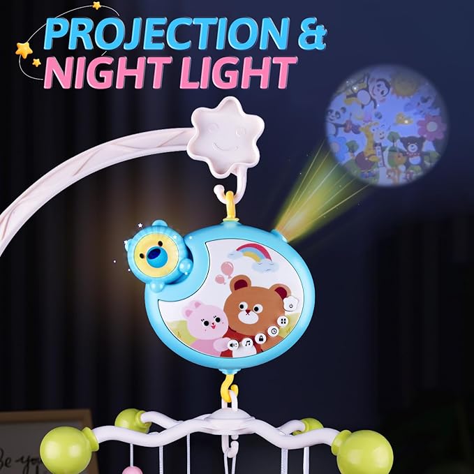 Crib Mobile with Music and Lights, Baby Mobiles for Cribs, Nursery Musical Mobile for Bassinets Toys Hanging Girls Boys, Pack and Play Space Portable Animal Mobile Hanger Arm Clip On Attachment