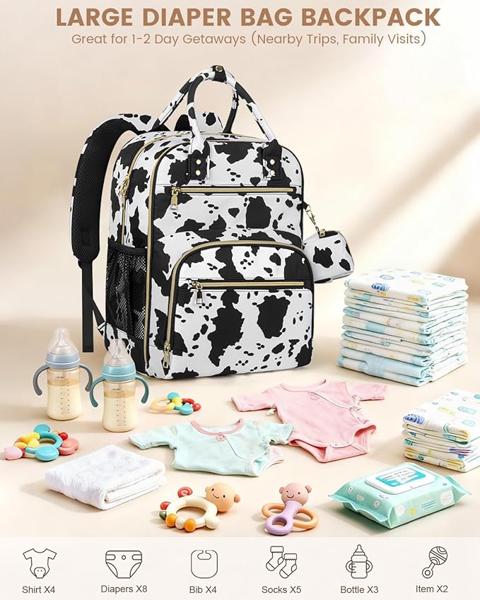 Pritent Diaper Bag Backpack,Baby Essentials Diapers Bag with Pacifier Case,Multipurpose Stylish Large Capacity Travel Backpack for Baby Girl/Boy(L-Cow Print)