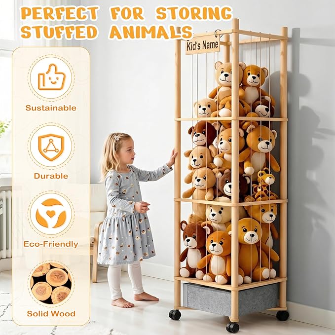 Stuffed Animal Storage with Toys Tray, 57In Large Wooden Stuffy Plushies Storage Holder Extra Large Capacity Stuffed Animals Zoo Organizer for Toddler Rooms, Playrooms & Bedrooms (Toys Tray & Wheels)