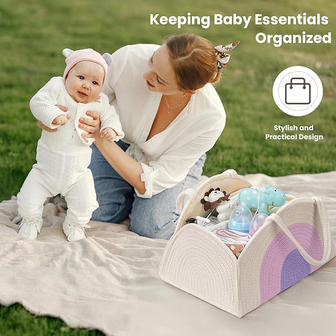 JMBNH Baby Diaper Caddy- With Removable Dividers, Nursery Storage Bin and Car Organizer,Boy & Girl Shower Gift Basket,Portable Organizer,Nursery Essentials-Rainbow Purple