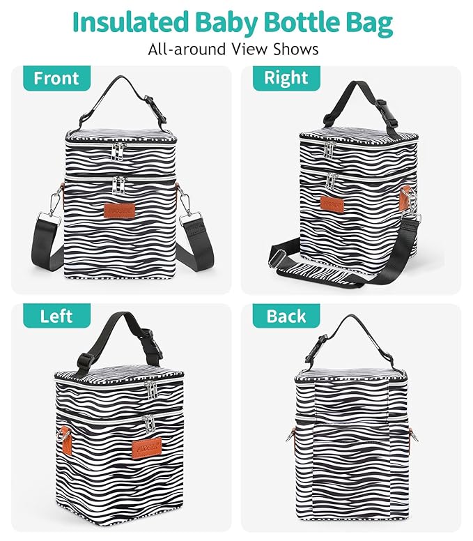 PIIOSER Breastmilk Cooler Bag with Ice Pack, Fits 6 Baby Bottles Up to 9 Oz, Stylish Baby Cooler Travel Bags with Shoulder Strap, Double Deck & Leakproof for Nursing & Working Moms(Zebra Printed)