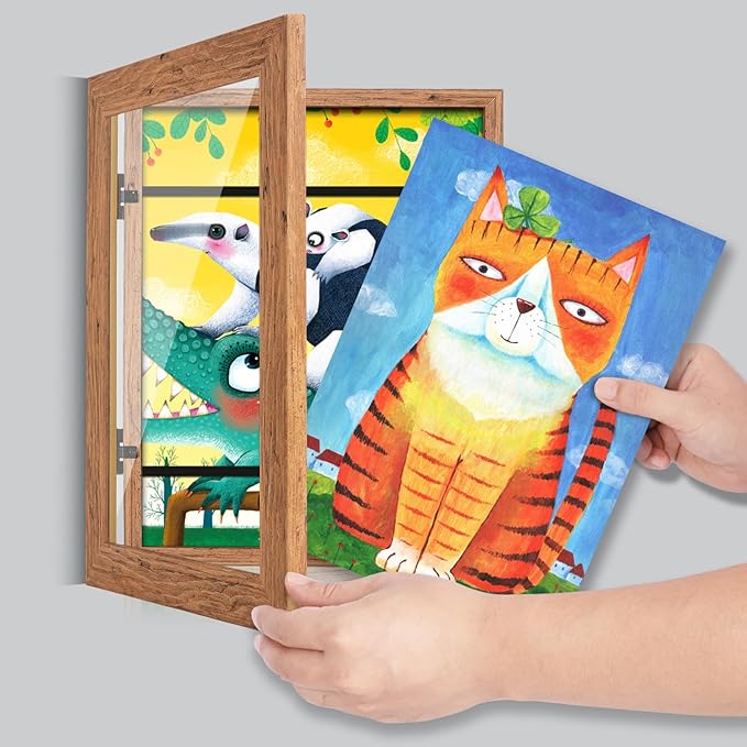 [2-Pack] Kids Art Frames, 8.5x11 Front Opening Kids Artwork Frames Changeable, Dark Woodgrain Artwork Display Storage Frame for Wall, Holds 50 Pcs, for 3D Picture, Crafts, Children Drawing, Hanging